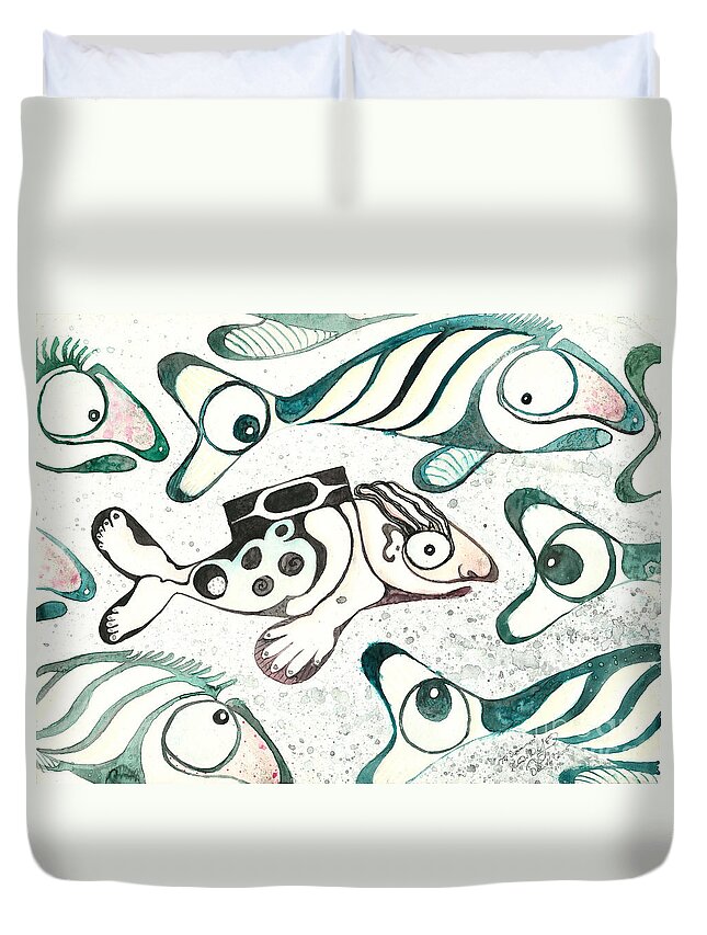 Watercolor Duvet Cover featuring the painting Salmon Boy The Swimmer by Melinda Dare Benfield