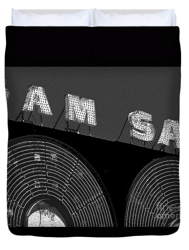 Black And White Duvet Cover featuring the photograph Sam the Record Man at night by Nina Silver