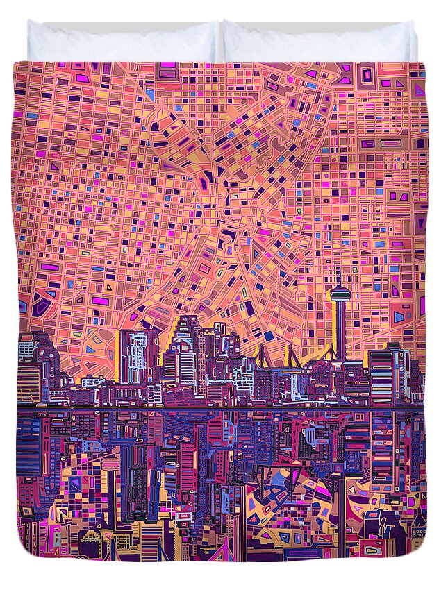 San Antonio Duvet Cover featuring the painting San Antonio Skyline Abstract 5 by Bekim M