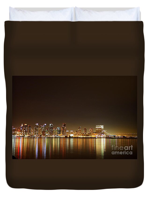 san Diego Duvet Cover featuring the photograph San Diego Skyline Night by Henrik Lehnerer