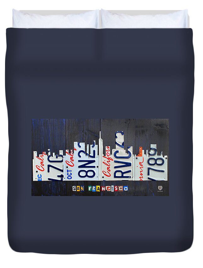 San Duvet Cover featuring the mixed media San Francisco California Skyline License Plate Art by Design Turnpike