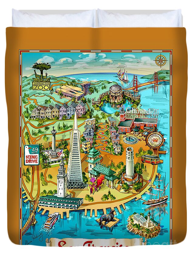 San Francisco Duvet Cover featuring the painting San Francisco Illustrated Map by Maria Rabinky