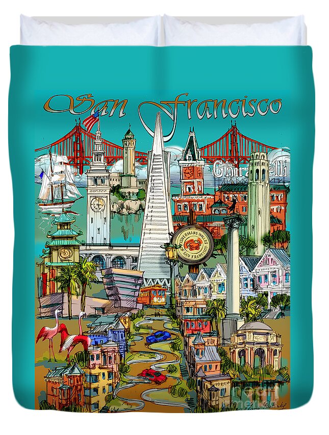 San Francisco Duvet Cover featuring the painting San Francisco illustration by Maria Rabinky