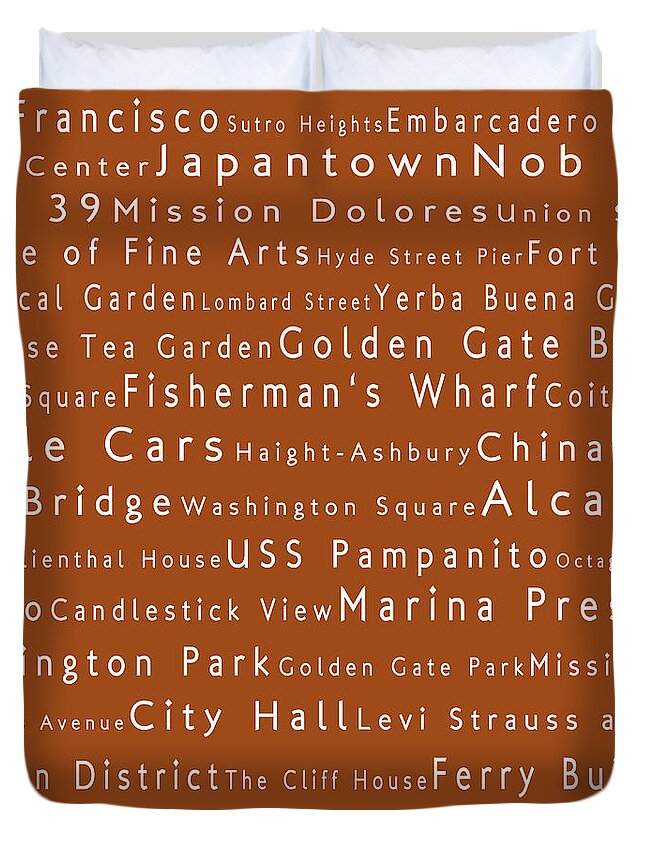 Cities Duvet Cover featuring the photograph San Francisco in Words Toffee by Sabine Jacobs