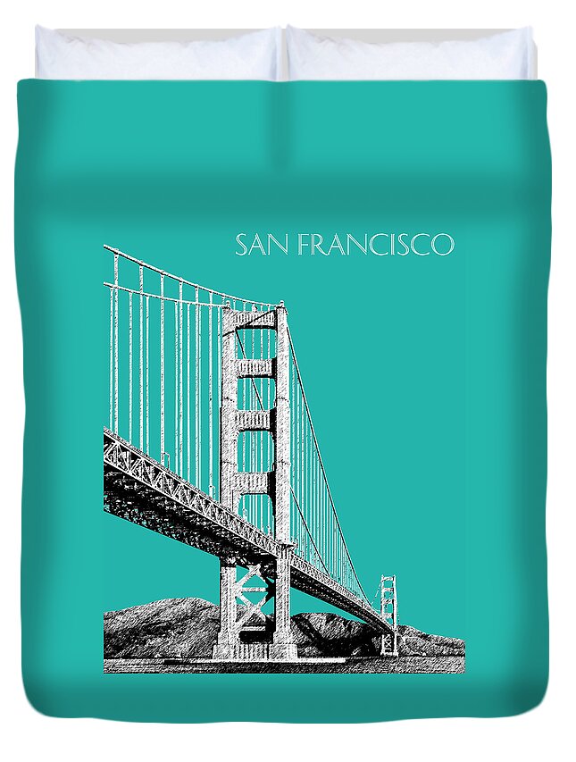 Architecture Duvet Cover featuring the digital art San Francisco Skyline Golden Gate Bridge 2 - Teal by DB Artist