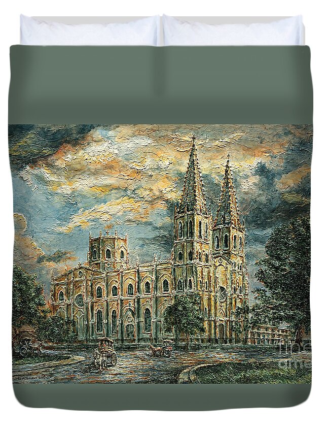 Churches Duvet Cover featuring the painting San Sebastian Church 1800s by Joey Agbayani