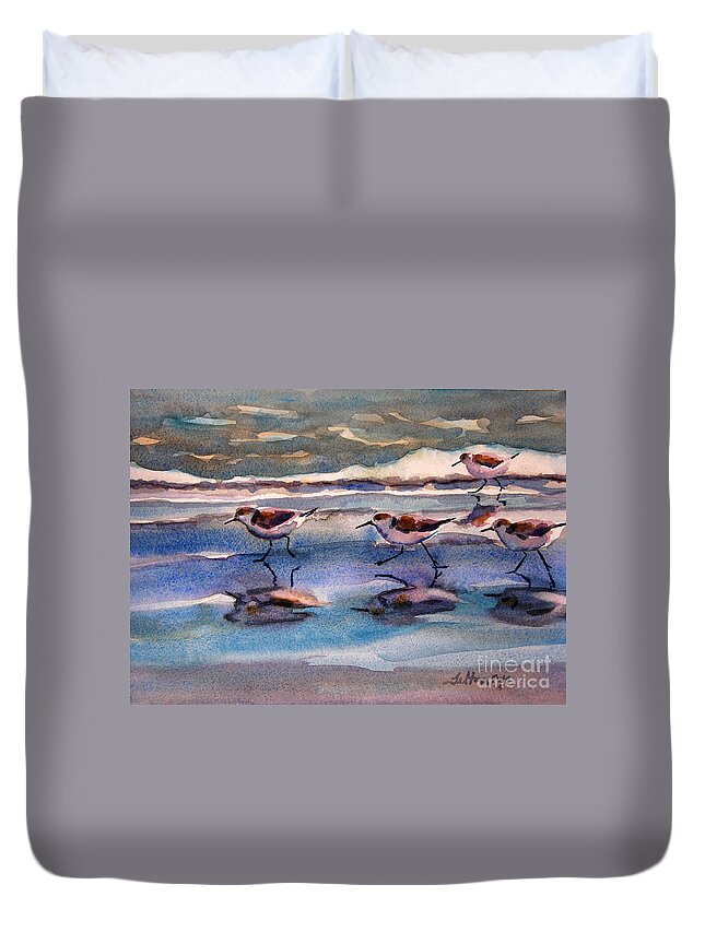 Fine Art Duvet Cover featuring the painting Sandpipers running in beach shade 3-10-15 by Julianne Felton