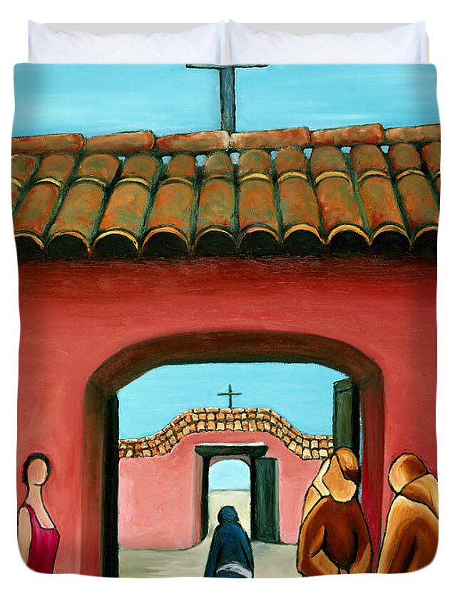 Santa Fe New Mexico Duvet Cover featuring the painting Santa Fe Church by William Cain