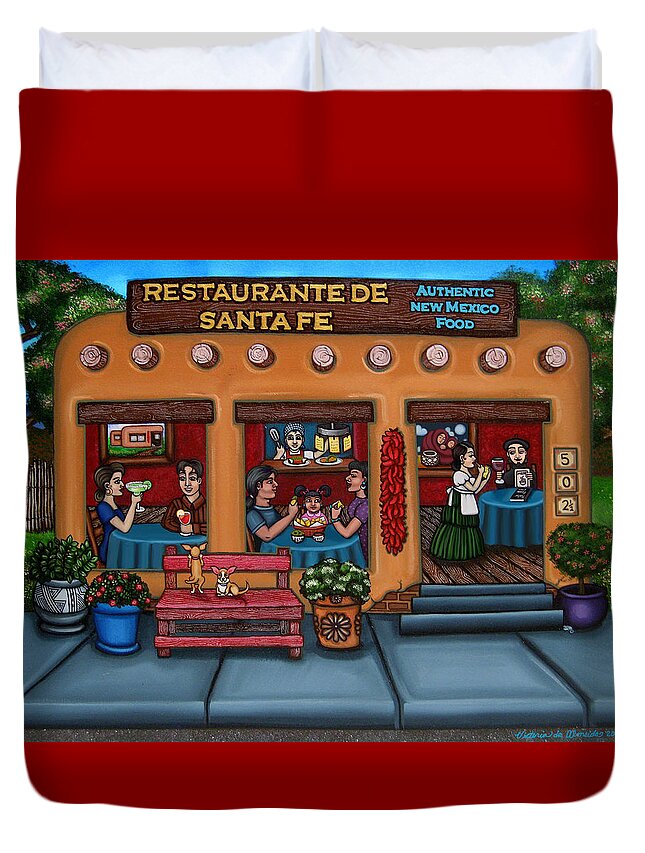 Folk Art Duvet Cover featuring the painting Santa Fe Restaurant by Victoria De Almeida