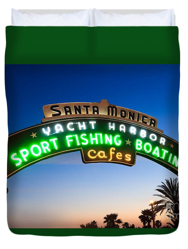 California Duvet Cover featuring the photograph Santa Monica Pier Sign by Paul Velgos