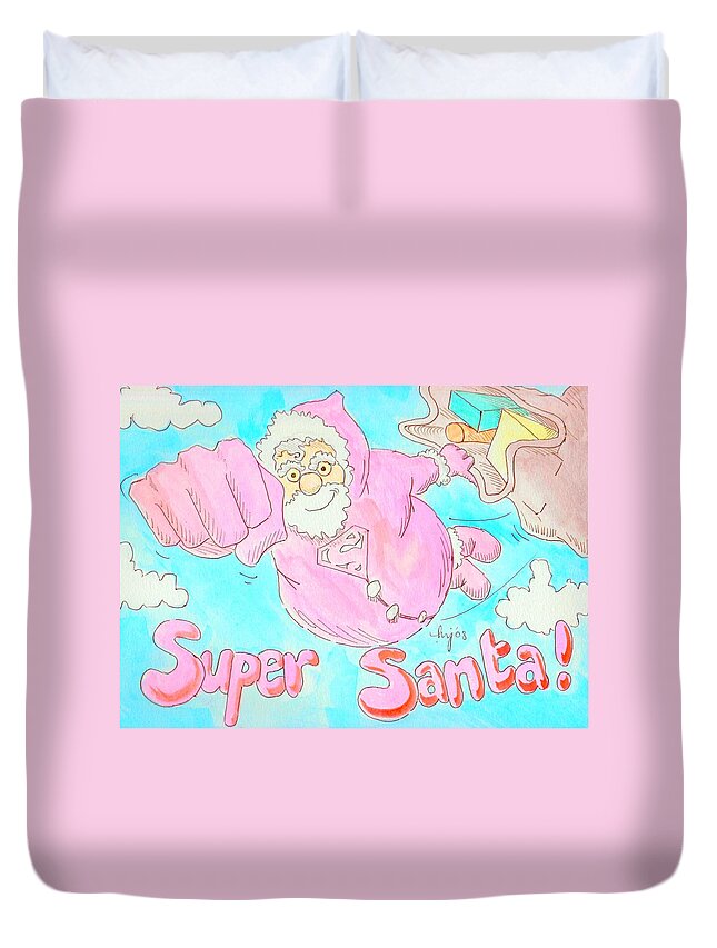 Santa Duvet Cover featuring the drawing Santa Superhero cartoon by Mike Jory