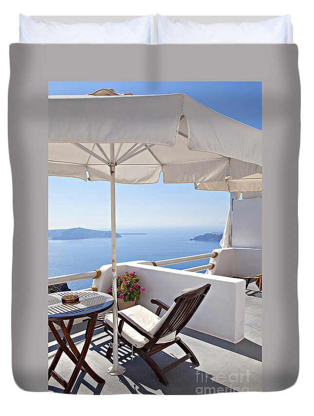 Aegean Duvet Cover featuring the photograph Santorini balcony by Sophie McAulay