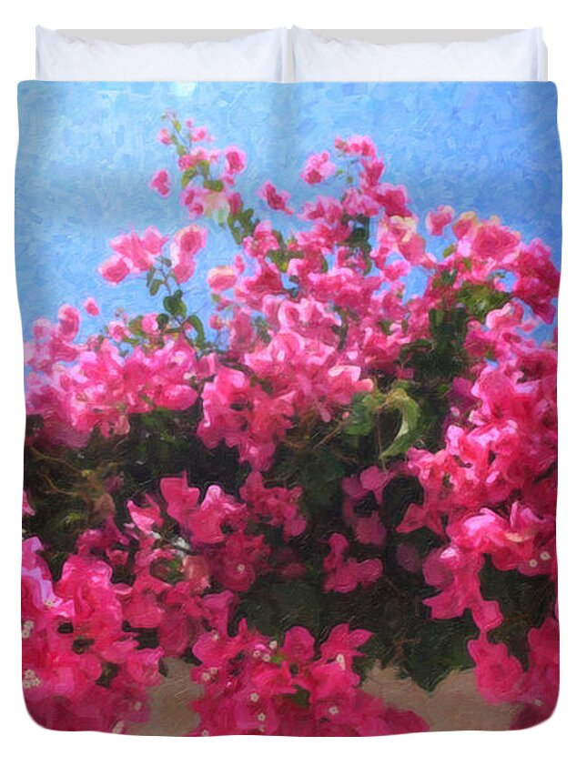 Oia Santorini Duvet Cover featuring the painting Santorini Flowers Grk1113 by Dean Wittle