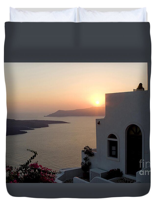 Santorini Duvet Cover featuring the photograph Santorini Sunset 24x14 by Leslie Leda