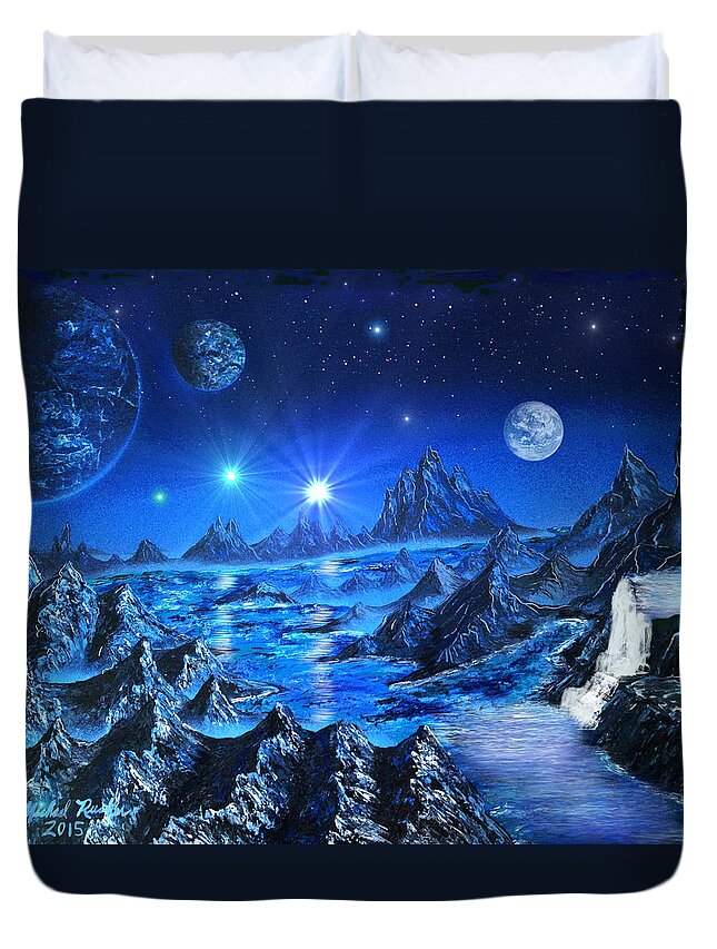 Space Art Duvet Cover featuring the painting Sapphire Planet by Michael Rucker