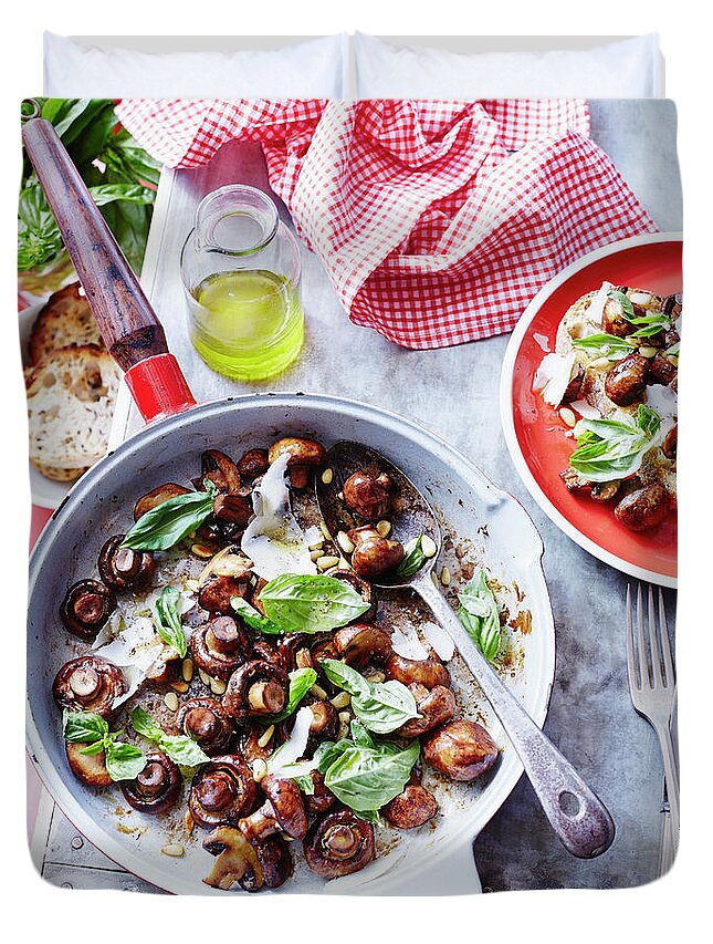Italian Food Duvet Cover featuring the photograph Sauteed Mushrooms With Basil Pesto by Brett Stevens