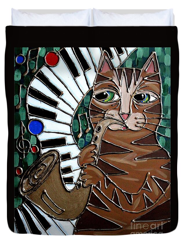Cat Duvet Cover featuring the painting Sax Cat by Cynthia Snyder