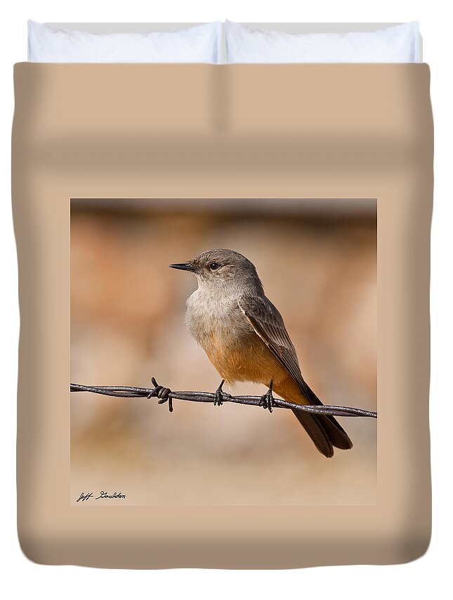 Animal Duvet Cover featuring the photograph Say's Phoebe on a Barbed Wire by Jeff Goulden