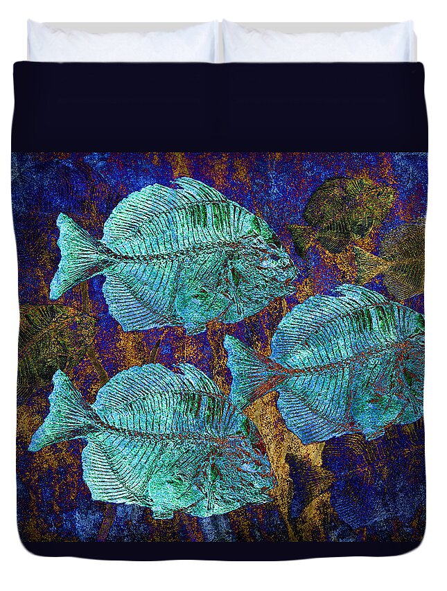 Fossil Fish Duvet Cover featuring the digital art School of Fossil Fish by Sandra Selle Rodriguez