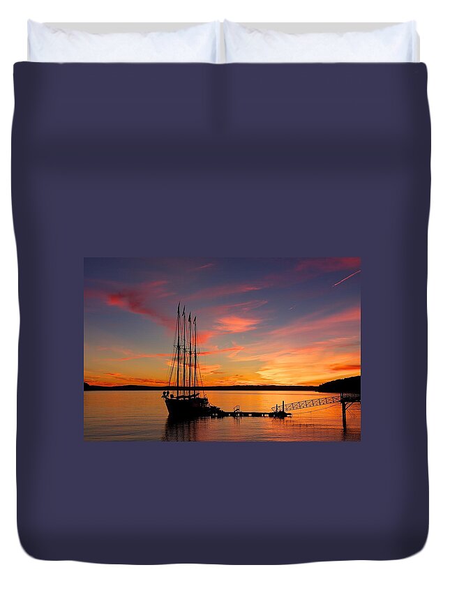 Sunrise Duvet Cover featuring the photograph Schooner Sunrise by Stuart Litoff