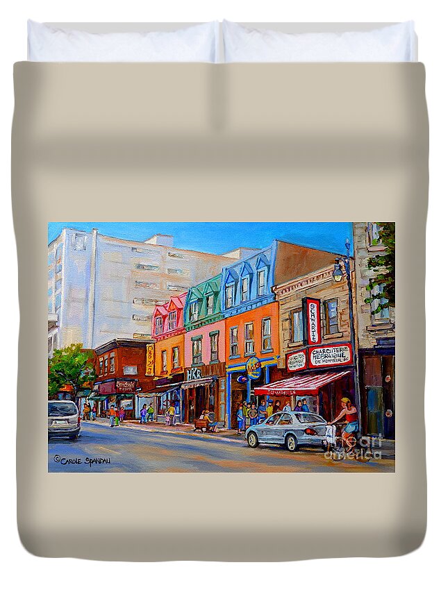 Montreal Duvet Cover featuring the painting Schwartzs Deli Montreal Street Scene by Carole Spandau