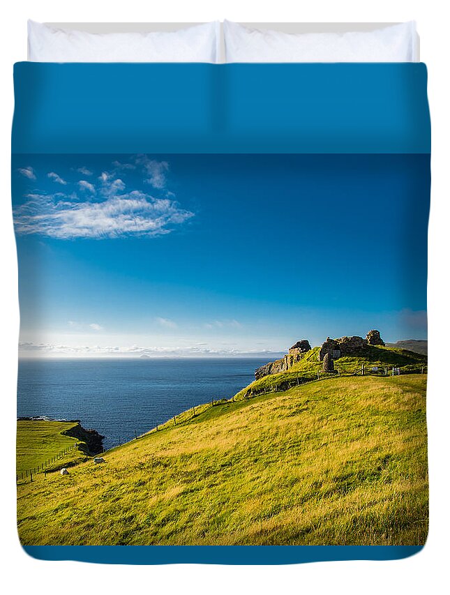 Scotland Duvet Cover featuring the photograph Scottish Coast With Castle Ruin by Andreas Berthold