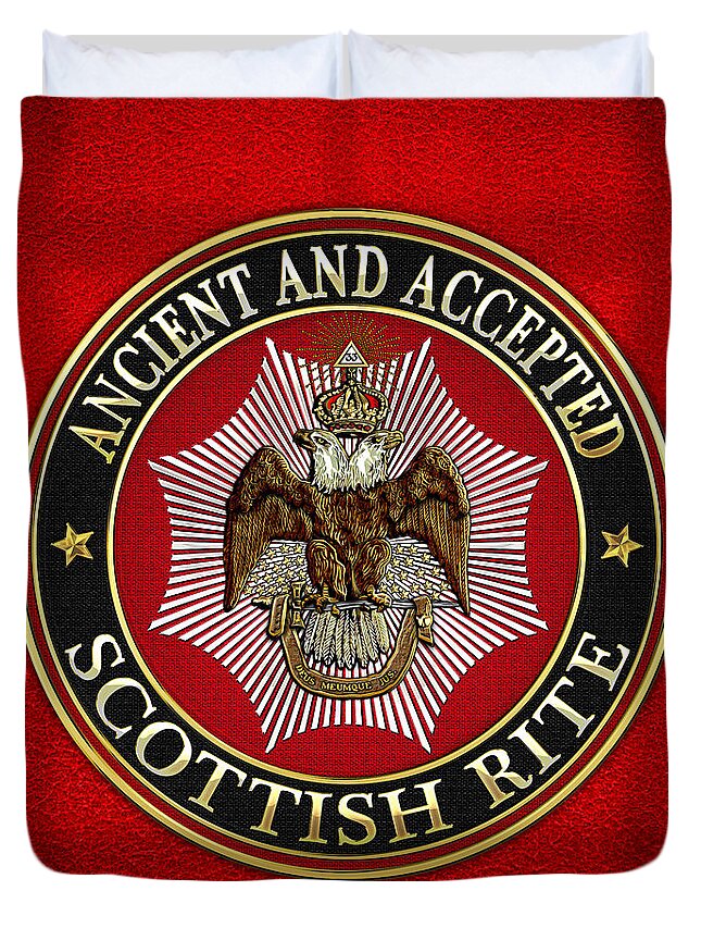 'scottish Rite' Collection By Serge Averbukh Duvet Cover featuring the digital art Scottish Rite Double-headed Eagle on Red Leather by Serge Averbukh