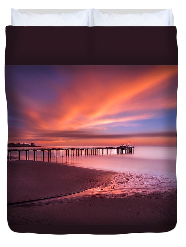 California; Long Exposure; Ocean; Reflection; San Diego; Seascape; Sky; Sunset; Surf; Clouds; Waves Duvet Cover featuring the photograph Scripps Pier Sunset by Larry Marshall