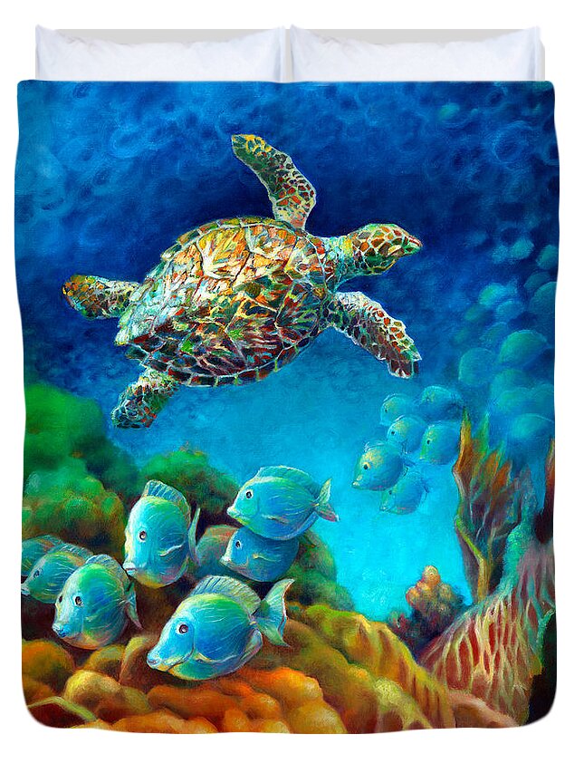Turtle Duvet Cover featuring the painting Sea eScape III - Hawksbill Gemstone Turtle by Nancy Tilles