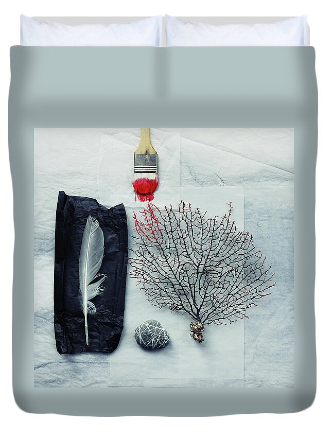 Gorgonian Coral Duvet Cover featuring the photograph Sea Fan, Pebble And Paintbrush With Red by Fiona Crawford Watson