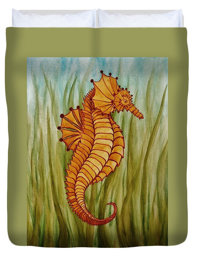 Print Duvet Cover featuring the painting Sea Horse by Katherine Young-Beck