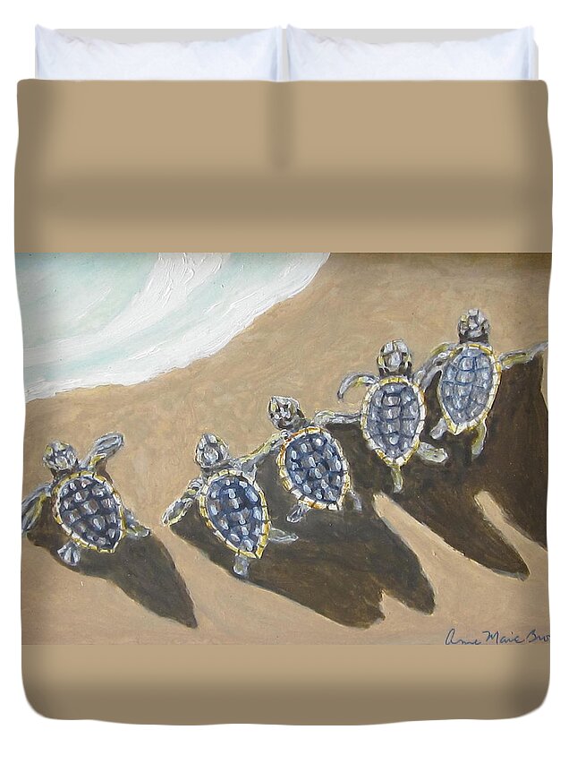 Turtles Duvet Cover featuring the painting Sea Turtle Babes by Anne Marie Brown