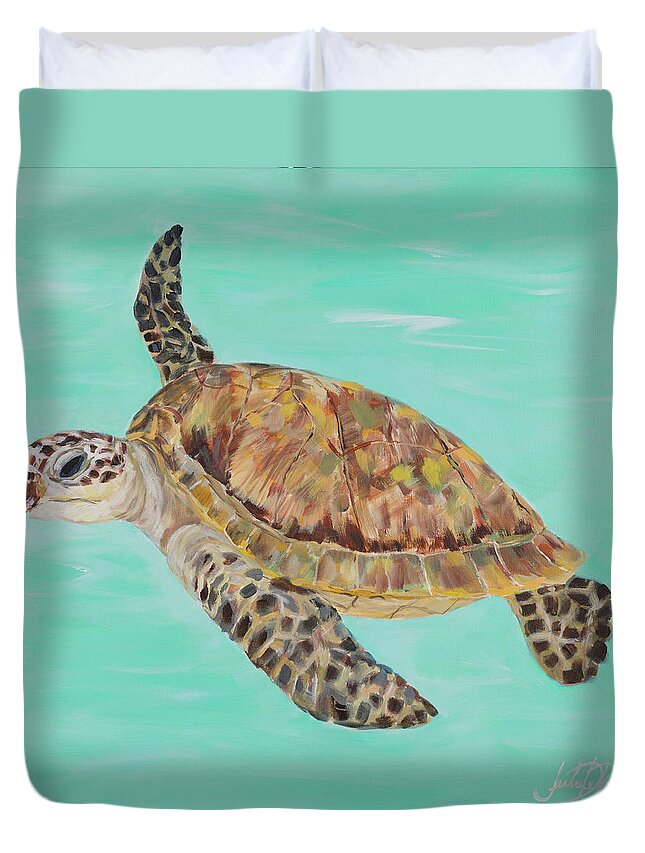 Sea Duvet Cover featuring the painting Sea Turtle II by Julie Derice