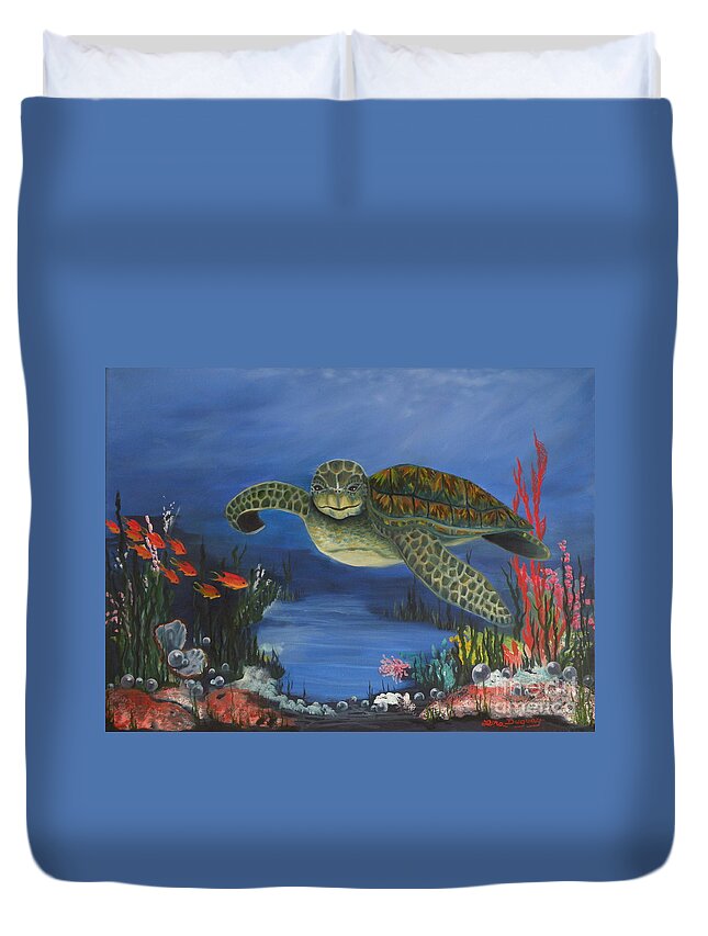 Sea Turtle Duvet Cover featuring the painting Sea Turtle in Paradise by Lora Duguay