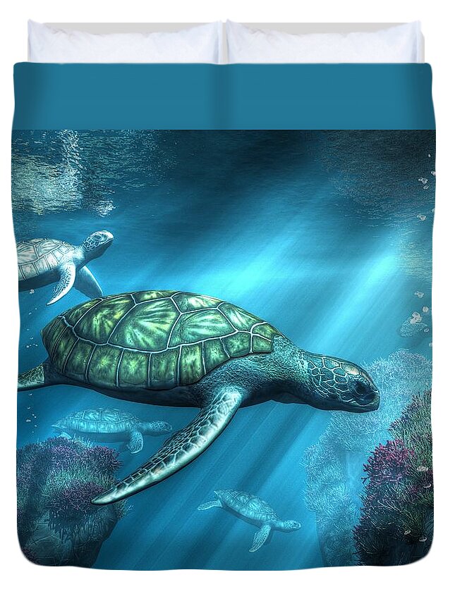 Sea Turtles Duvet Cover featuring the digital art Sea Turtles by Daniel Eskridge