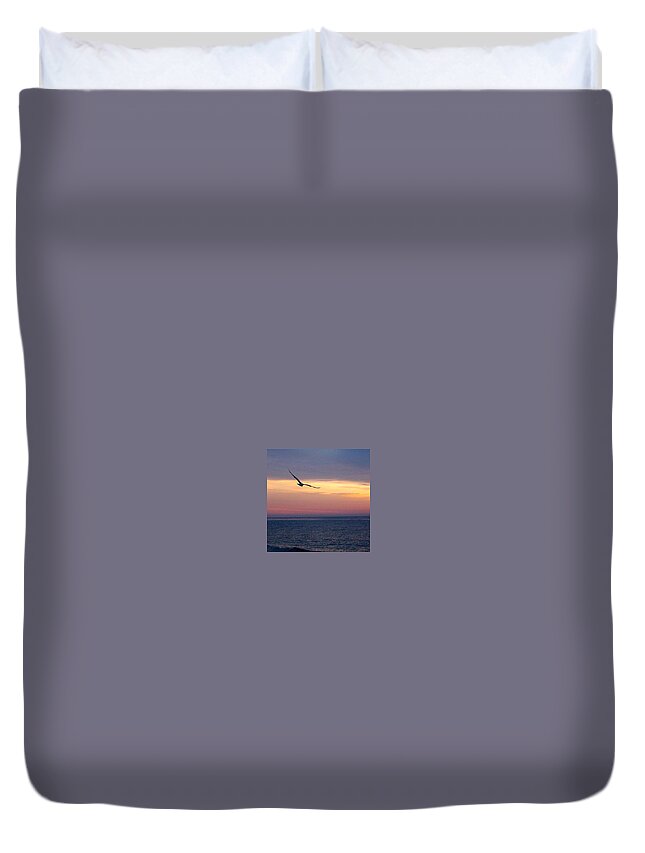 Seagull Duvet Cover featuring the photograph Seagull Soaring At Sunrise by Justin Connor