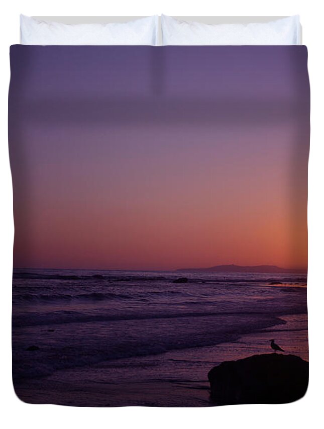 Seagull Duvet Cover featuring the photograph Seagull Watching the Sunset Carpinteria State Beach by Ian Donley
