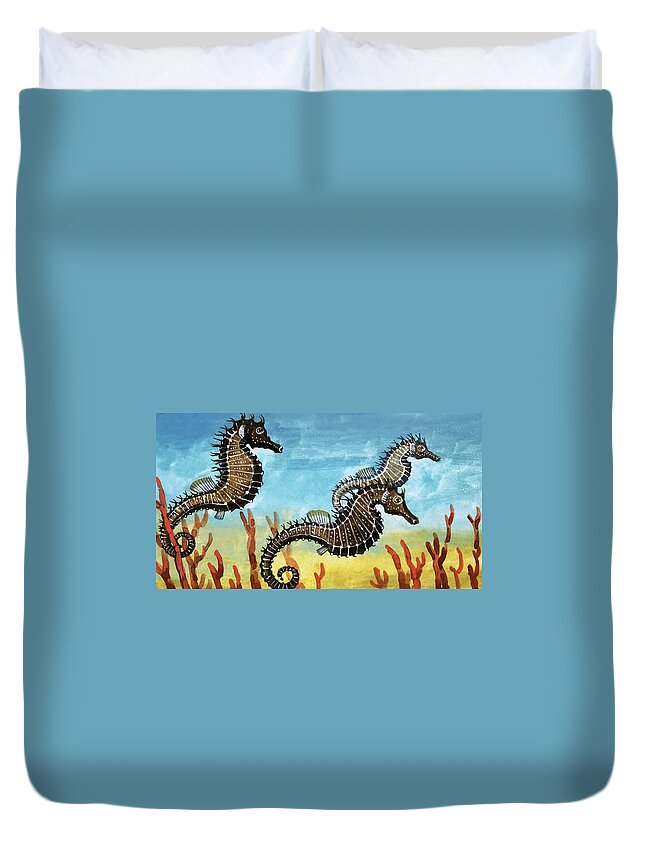 Seahorses Duvet Cover featuring the drawing Seahorses by English School