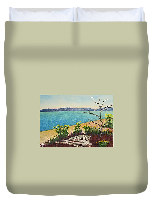Vashon Island Duvet Cover featuring the pastel Seaside Island Beach with Flowers by Michele Fritz