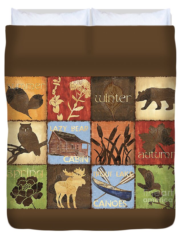Lodge Duvet Cover featuring the painting Seasons Lodge by Debbie DeWitt