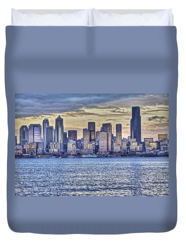 Sunset Duvet Cover featuring the photograph Seattle at twilight from Alki Beach by SC Heffner