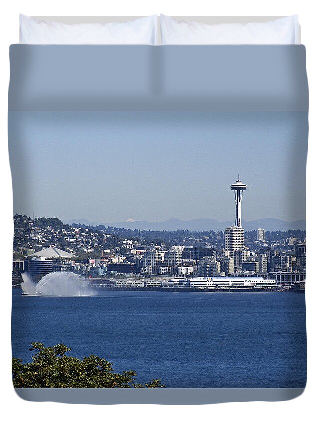 Seattle Duvet Cover featuring the photograph Seattle Space Needle and Fire Boat by Ron Roberts