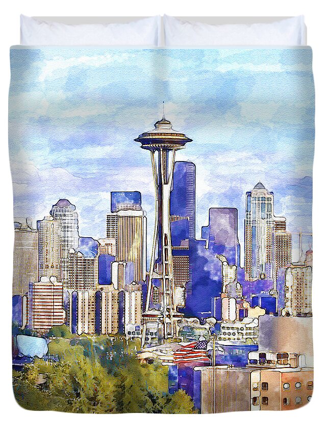 Marian Voicu Duvet Cover featuring the painting Seattle View in watercolor by Marian Voicu
