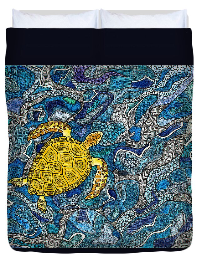 Turtle Duvet Cover featuring the drawing Sea Turtle Impression by Andreas Berthold