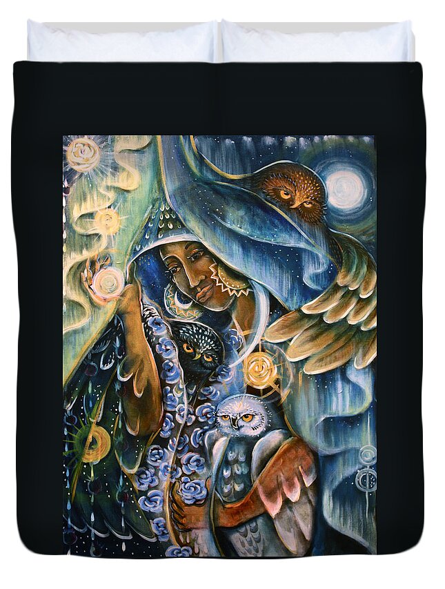 Owl Duvet Cover featuring the painting Seeing Through the Veils by Crystal Charlotte Easton