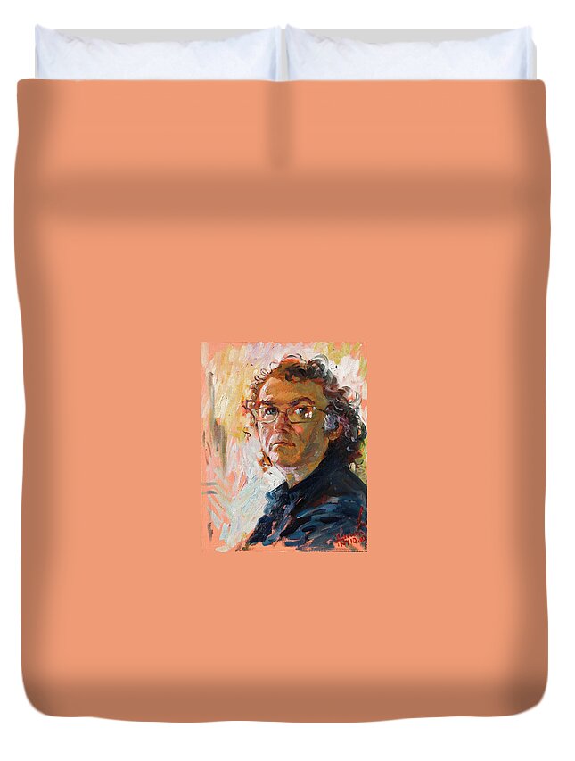 Porttrait Duvet Cover featuring the painting Self- Portrait 2010 by Ylli Haruni
