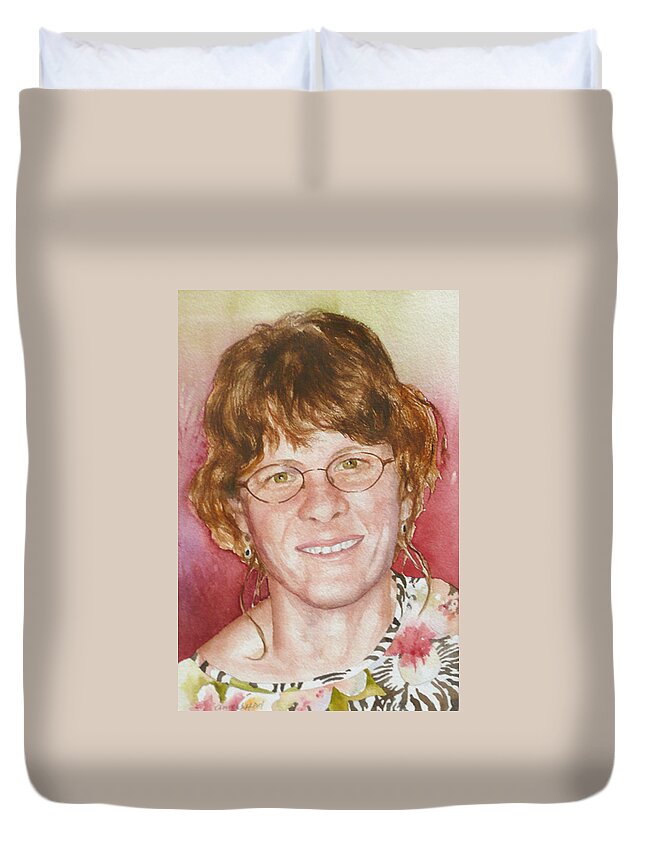 Self Portrait Painting Duvet Cover featuring the painting Self Portrait in a Flowered Shirt by Anne Gifford