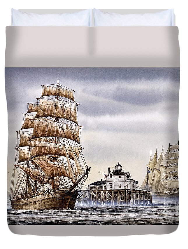 Tall Ship Print Duvet Cover featuring the painting Semi-ah-moo Lighthouse by James Williamson