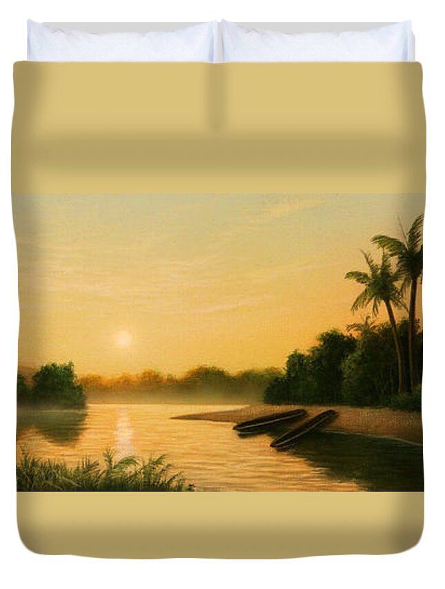 Native American Duvet Cover featuring the painting Seminole Sunset by Jerry LoFaro