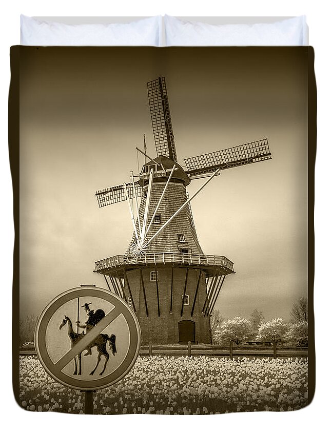 Amber Duvet Cover featuring the photograph Sepia Colored No Tilting at Windmills by Randall Nyhof